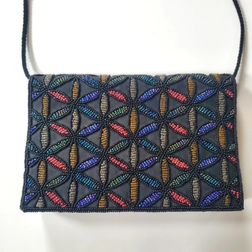 Beaded Geometric Pattern Dressy Purse Evening Bag Black and Jewel Tones. - Picture 1 of 10